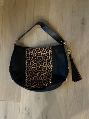 Michael Kors Black Shoulder Bag with Leopard-Print Center and Tassel Charm